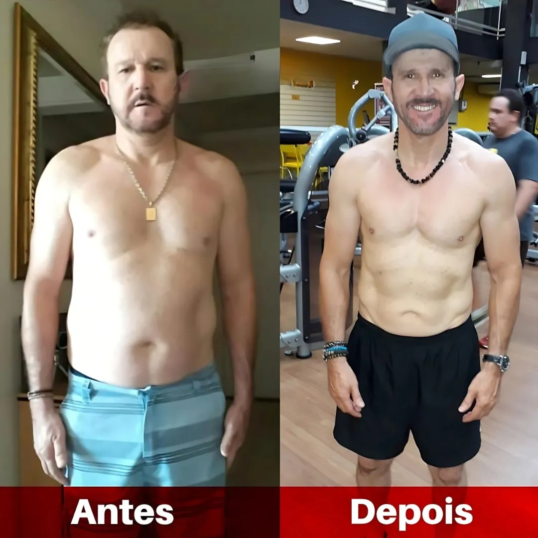 Antes e depois de Claudinei, aluno de Rafael Figueiredo, com mais definição muscular