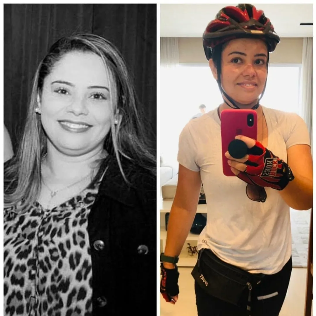 Antes e depois de Luciana Paixão: depois, mais magra e pedalando