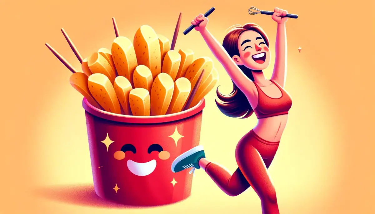 ilustração de balde de batata frita e mulher se exercitando