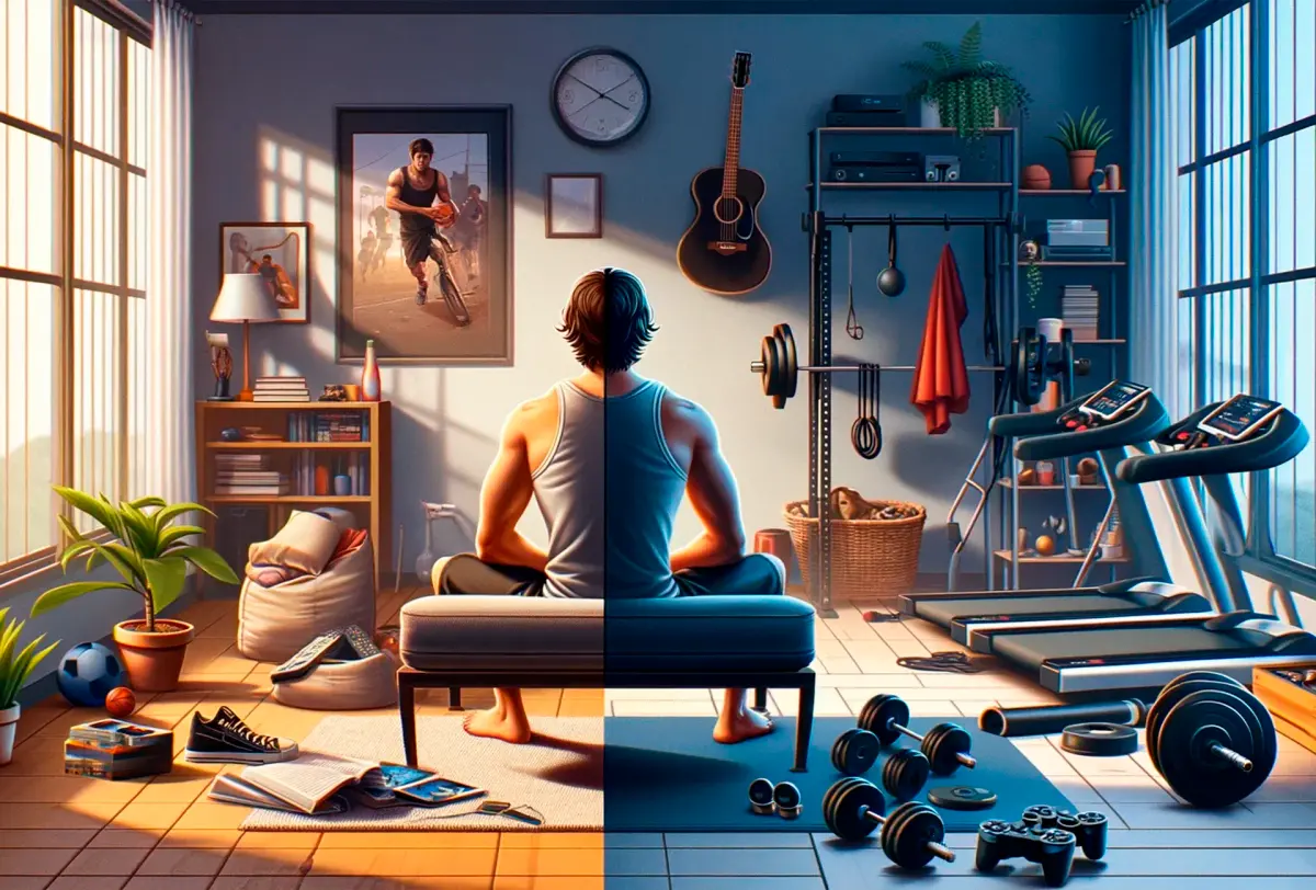 nerd e fitness quarto com vários elementos da cultura nerd e de treino