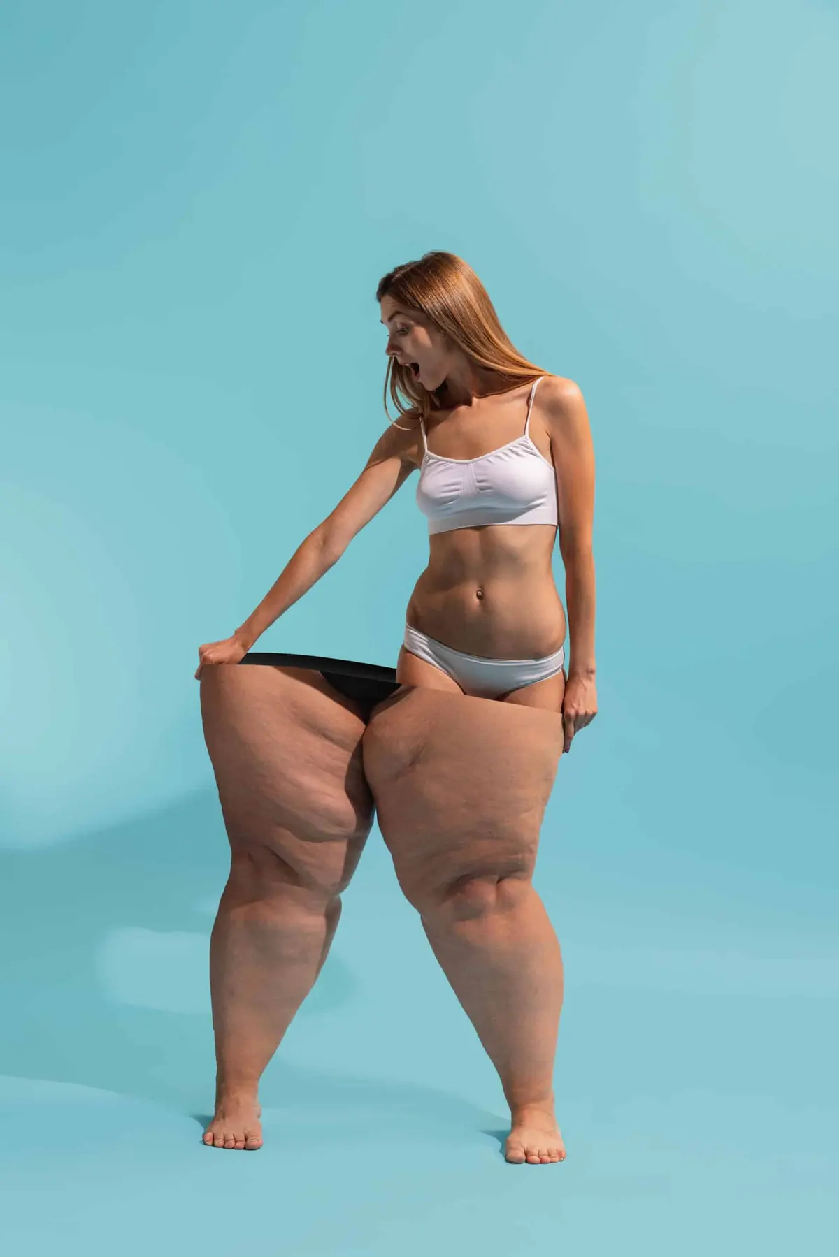 montagem com mulher bonita saindo de um corpo gordo e ficando magra perda de peso fitness comida saudável
