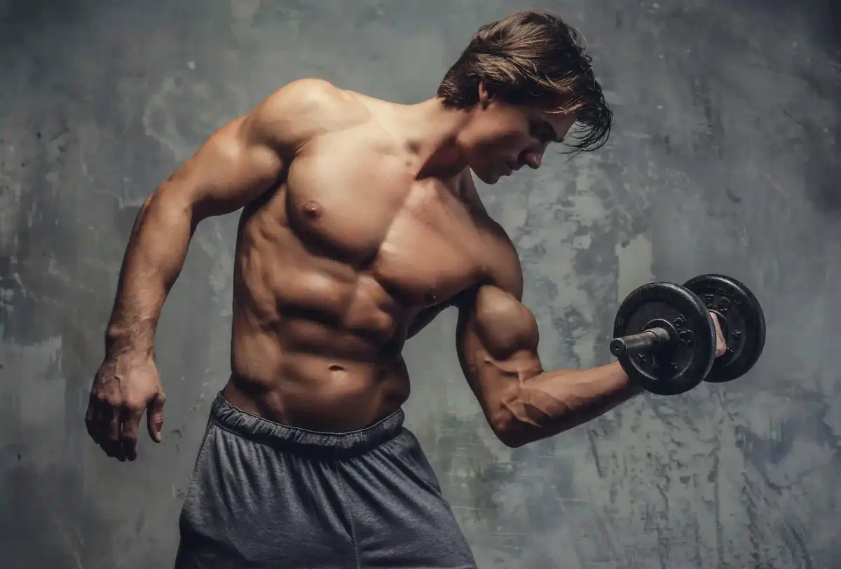 homem musculoso fazendo rosca com halter