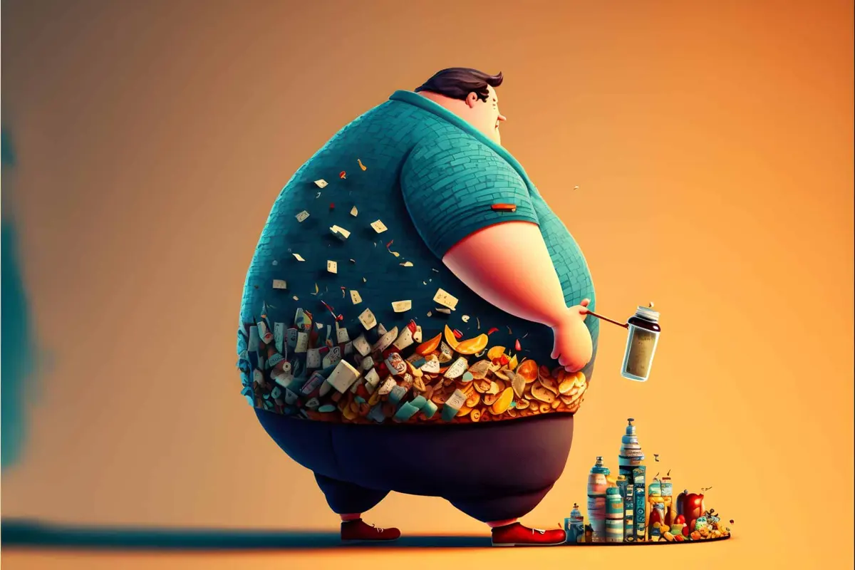 ilustração de homem obeso cercado de comida