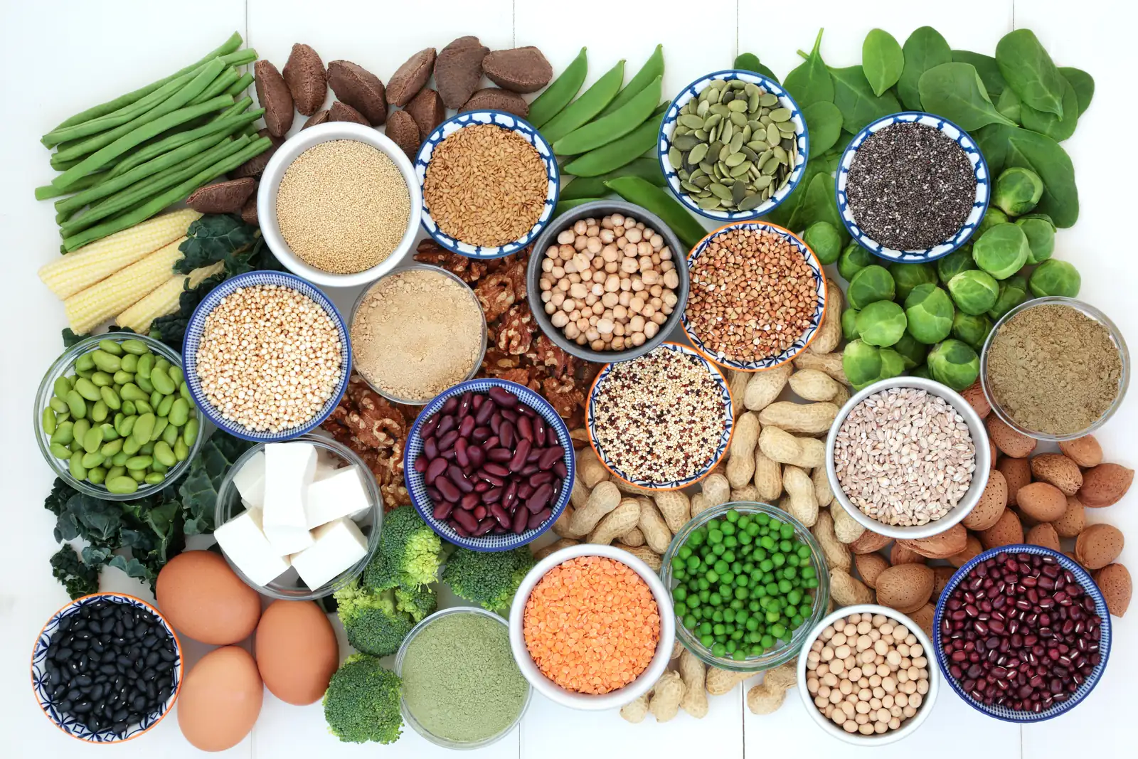 tigelas com feijões, lentilhas, grãos, tofu e oleaginosas