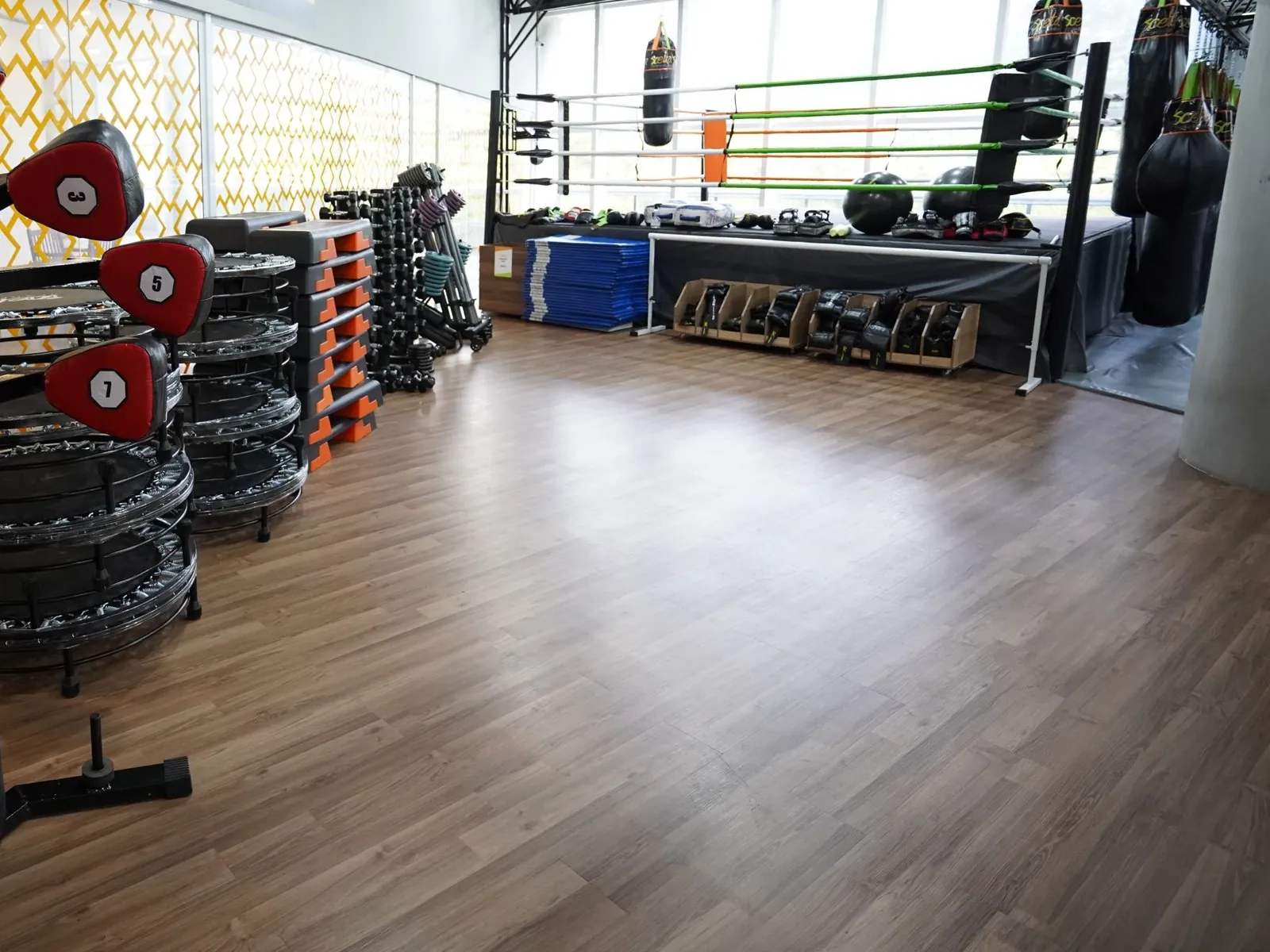 Sala de lutas e treino funcional da Scelta Academia, com ringue e sacos de pancada