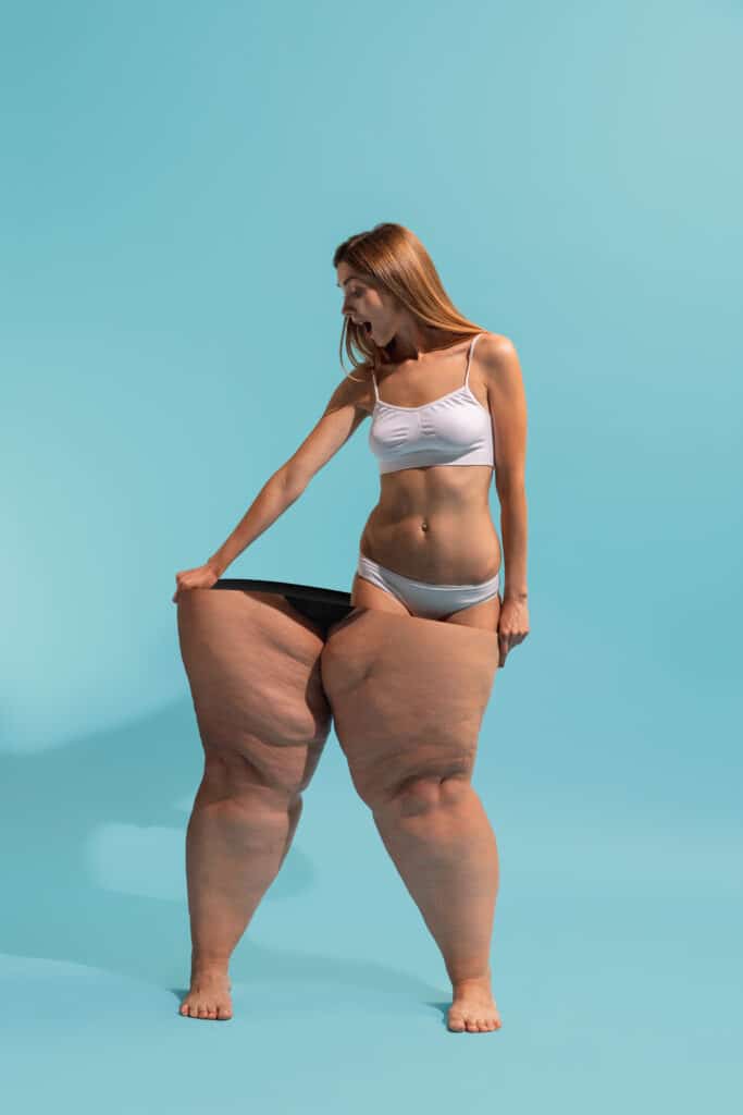 montagem com mulher bonita saindo de um corpo gordo e ficando magra perda de peso fitness comida saudável