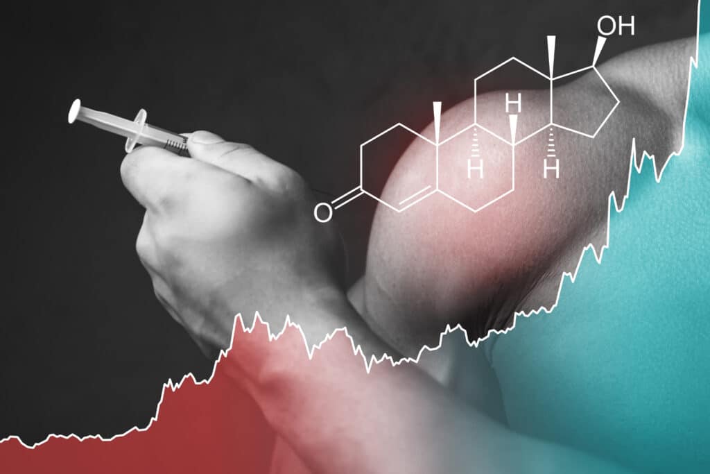 Bodybuilder with  syringe, testosterone formula and rising chart. Anabolic steroids usage.